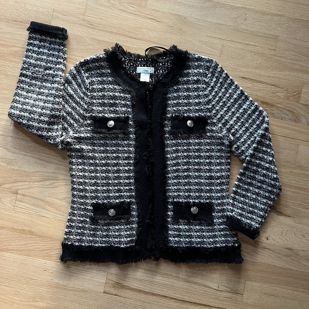 Laura Ashley Petite Small White Black Fringe Wool Blend Sweater Cardigan Jacket